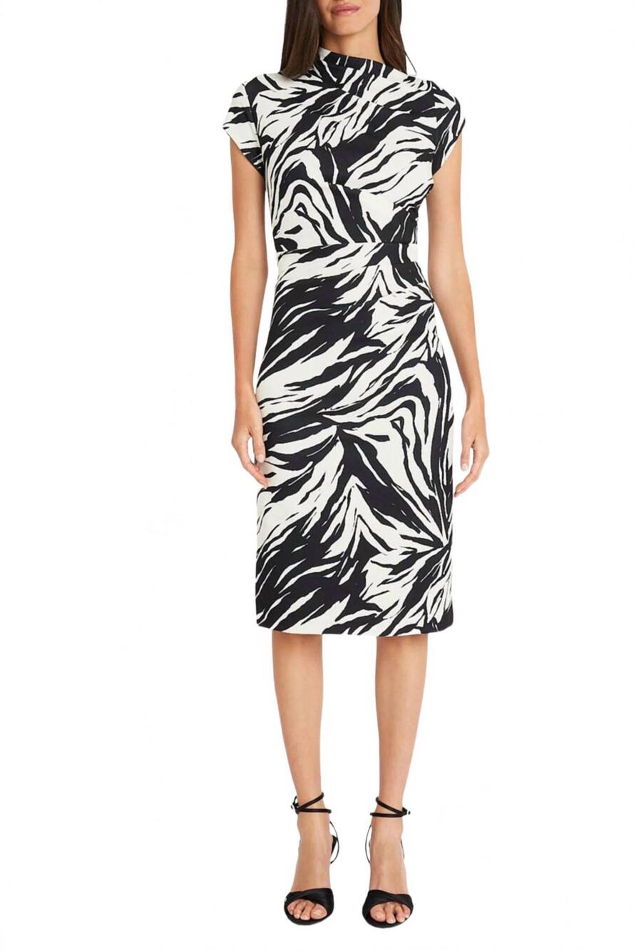 NEW MAGGY LONDON animal print mock neck midi dress in black ivory